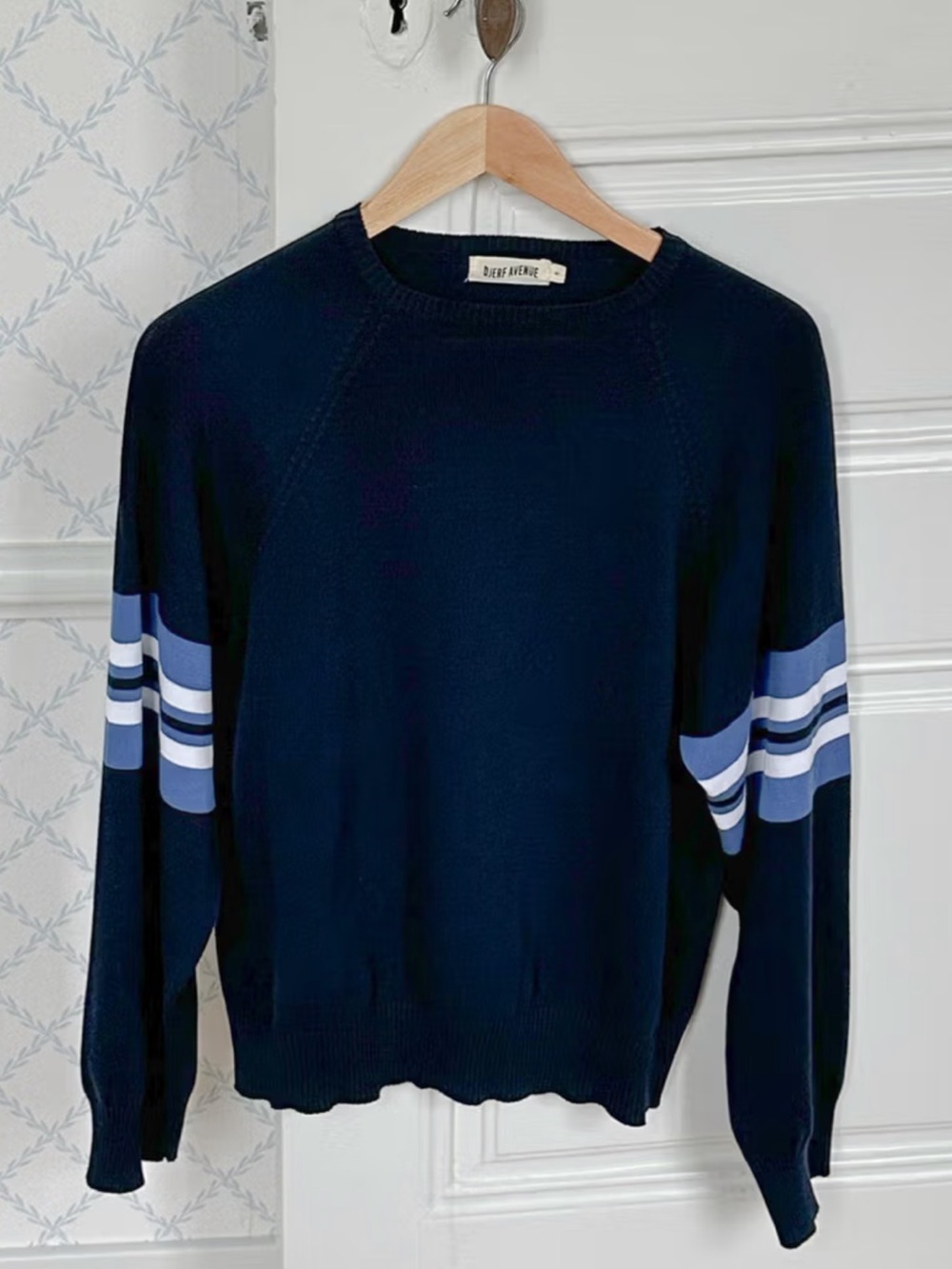 Djerf Avenue Navy Crewneck Sweater with Light Blue & White Sleeve Stripes